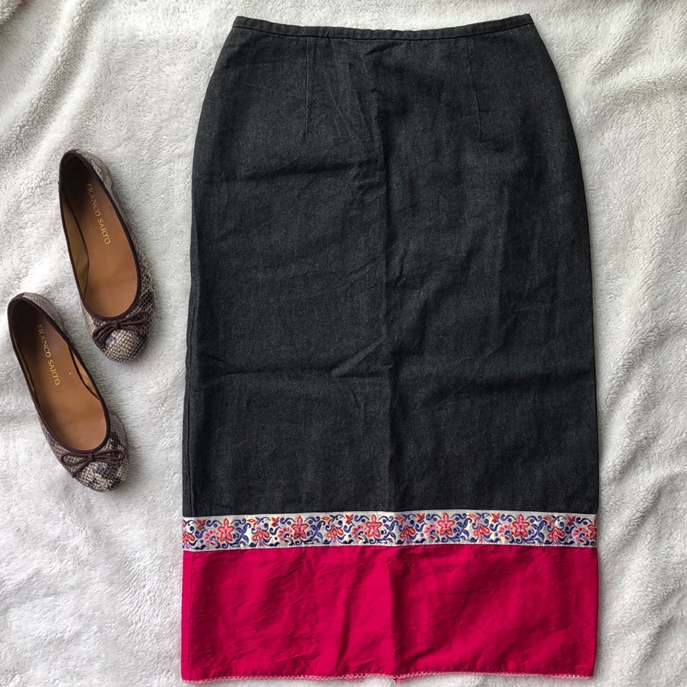 Expression Black Cotton Pink Silk Blend Pencil Midi Skirt Size 8
